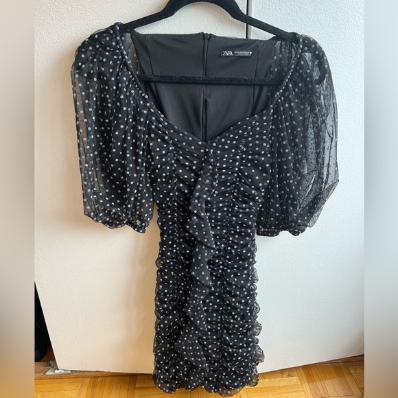 Zara BLACK WITH WHITE POLKA DOTS MINI DRESS - Picture 2 of 5
